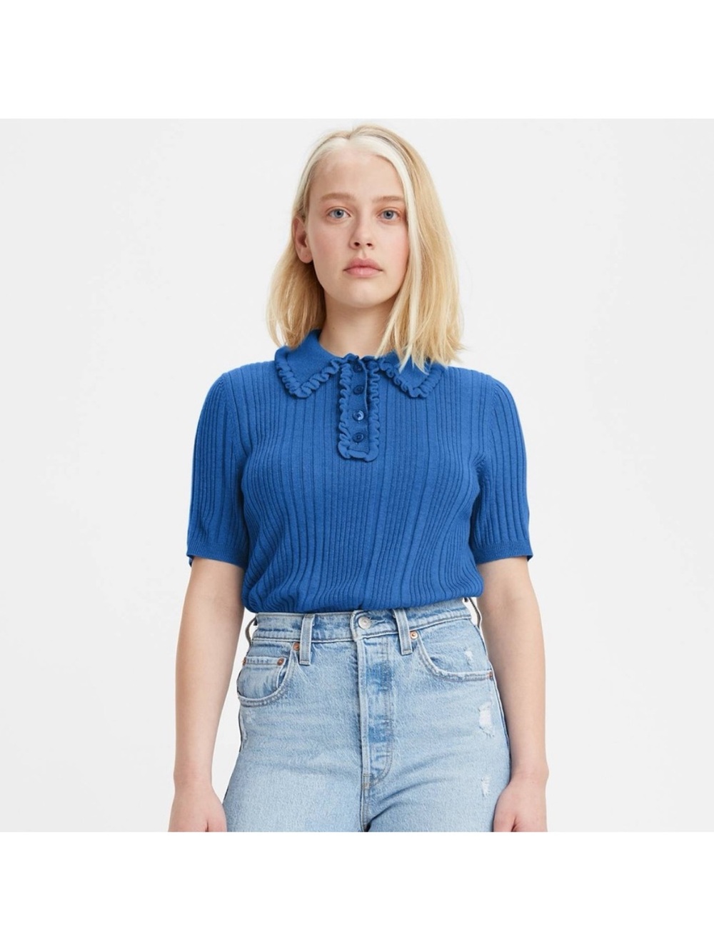 Levi's Blue Ribbed Knit Crop Top Polo with Ruffle Collar